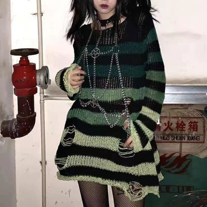 Punk Dark Grunge Egirl Long Striped Sweater Green Gradient