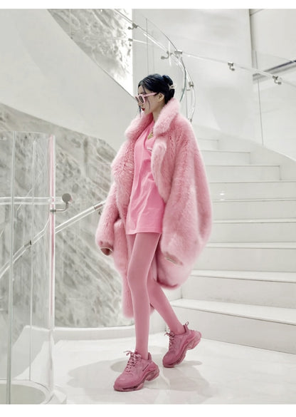 Y2K Long Oversized Pink Fluffy Faux Fur Coat