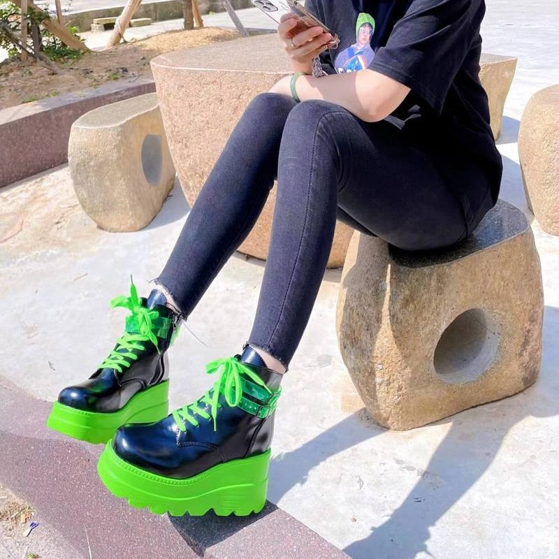 Darkwave Cyber Punk Rave Aesthetic Neon Green Platform Shoes