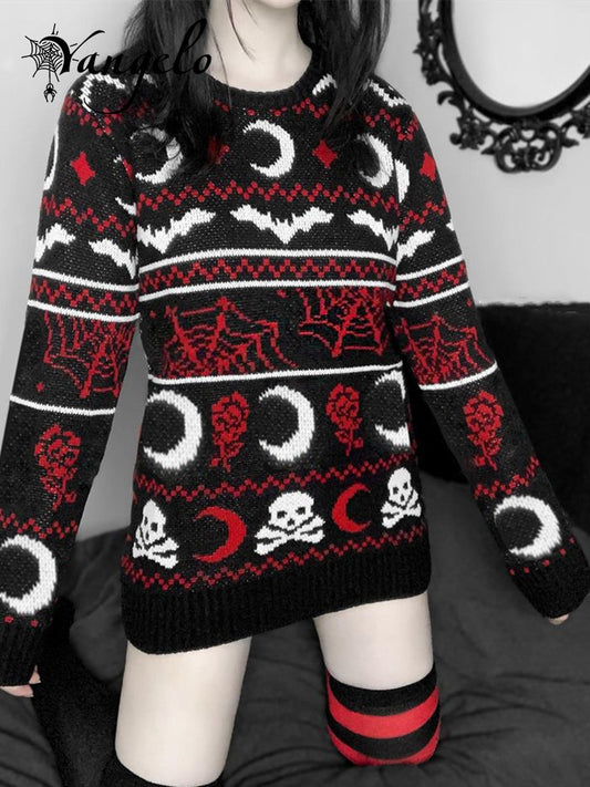 Winter Knitted Sweater Gothic Moon Skull