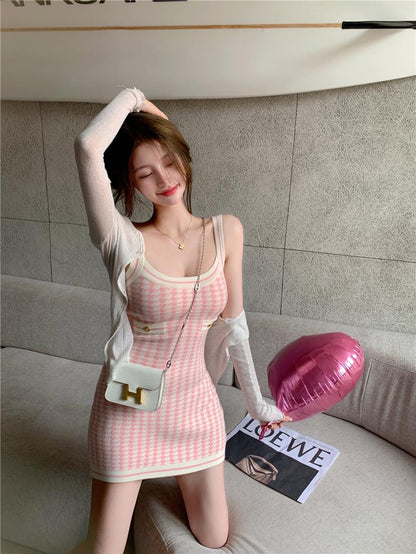 Soft Girl Pink Houndstooth Mini Knitted Dress