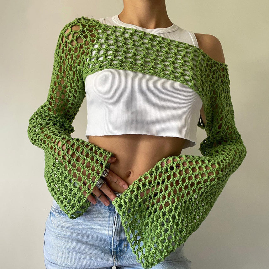Long Sleeve Green Crochet Knitted Top