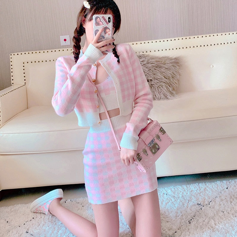 Soft Girl Knitted Cardigan Skirt 3-piece Set Pink
