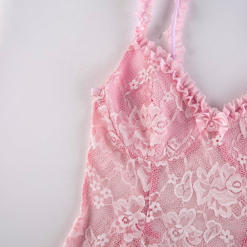 Coquette Fairy Dress Pink Transparent Lace