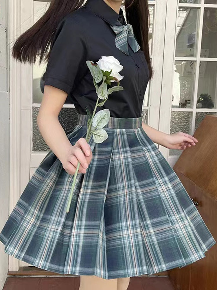 Preppy Pleated Plaid Skirt with Bow Navy Green