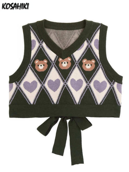 Kawaii Sweater Vest Bear Hearts Argyle