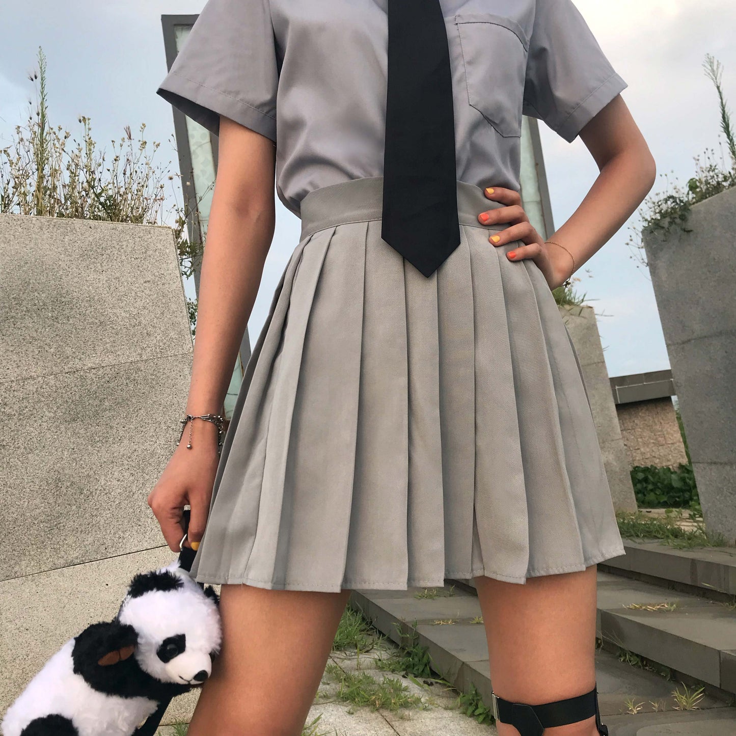 Dark Academia Schoolgirl Uniform Pleated Skirt Gray