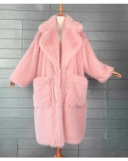 Y2K Long Oversized Pink Fluffy Faux Fur Coat