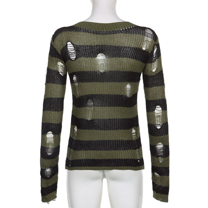 Grunge Distressed Green Striped Sweater