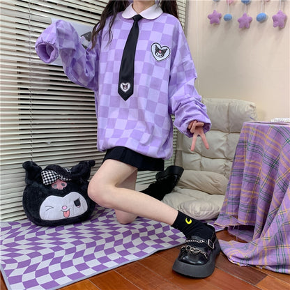 Sanriocore Kawaii Kuromi Purple Checker Sweatshirt