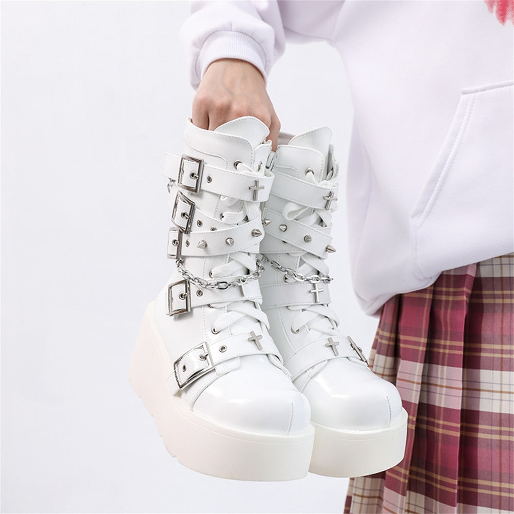 Pastel Goth Motorcycle Boots White