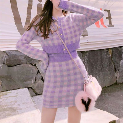 Soft Girl Knitted Cardigan Skirt 3-piece Set Purple