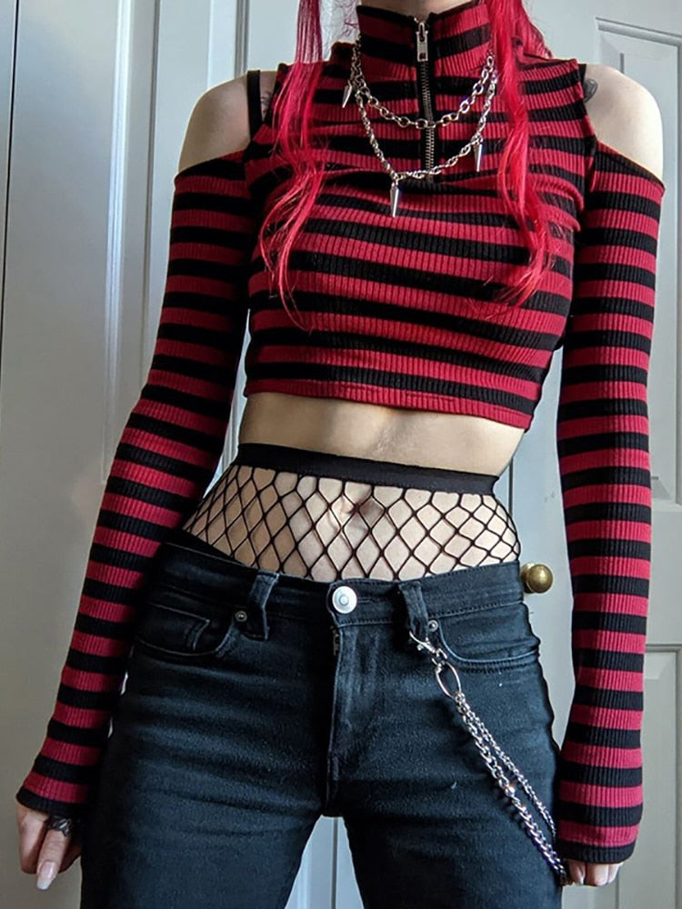 Dark Grunge E-Girl Striped Crop Top