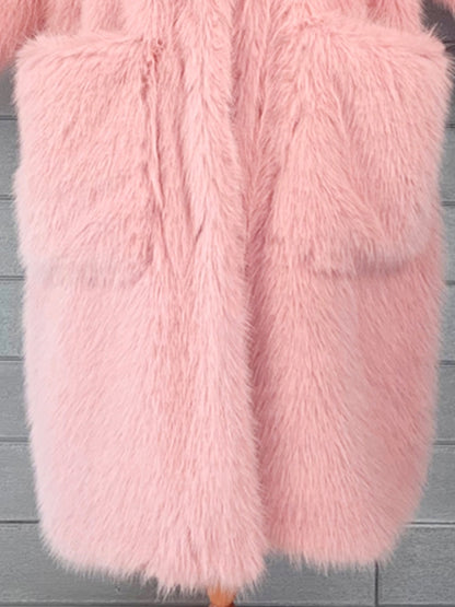 Y2K Long Oversized Pink Fluffy Faux Fur Coat