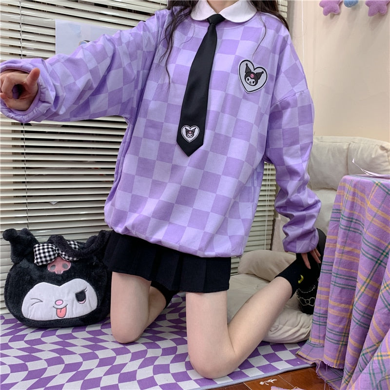 Sanriocore Kawaii Kuromi Purple Checker Sweatshirt