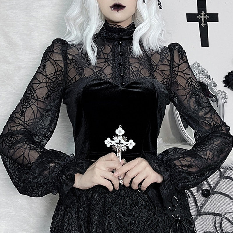 Gothic Elegant Lace Velvet Blouse