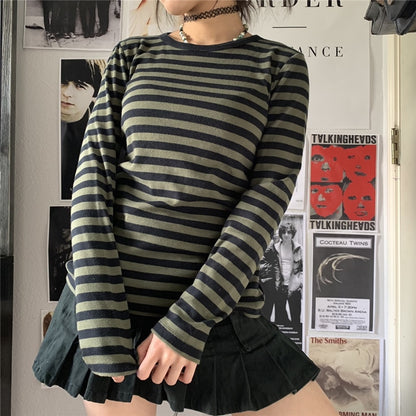 Grunge Aesthetic Striped Long Sleeve T-Shirt Green