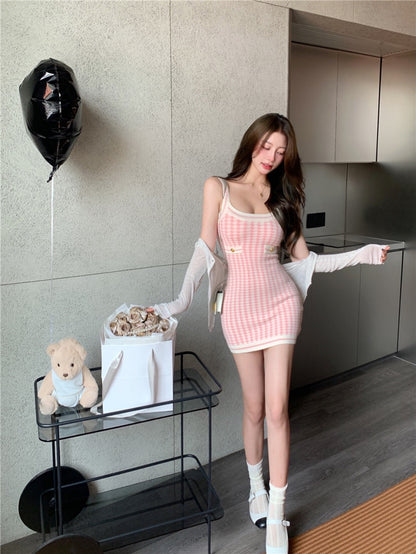Soft Girl Pink Houndstooth Mini Knitted Dress