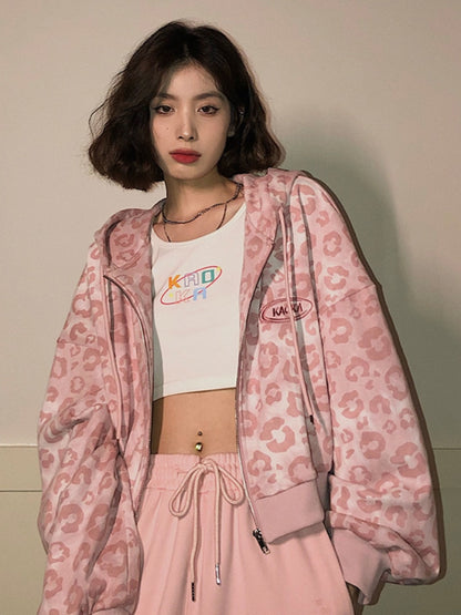Y2K Pink Leopard Hoodie Jacket