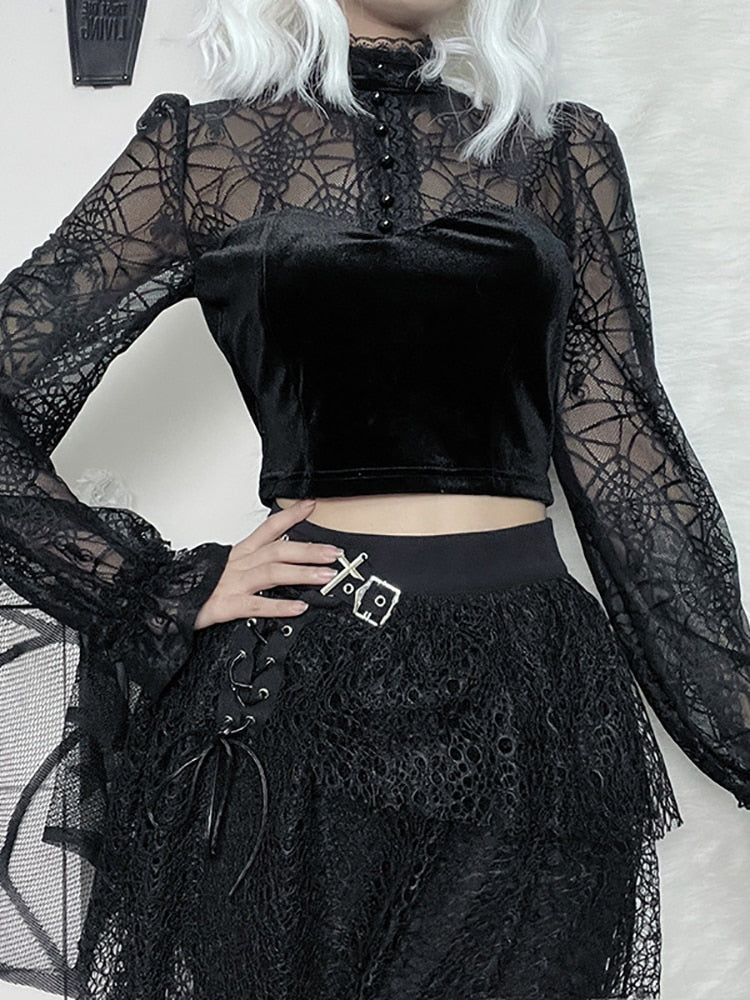 Vampire Aesthetic Gothic Elegant Black Lace Velvet Blouse Crop Top