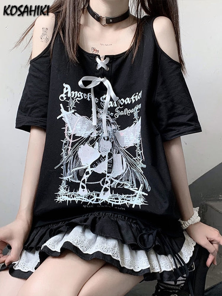 Egirl Dark Grunge Anime Off Shoulder White T-Shirt