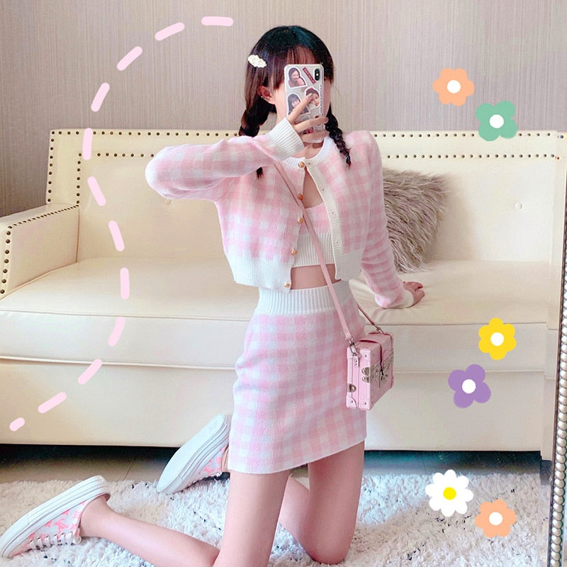 Soft Girl Knitted Cardigan Skirt 3-piece Set Pink