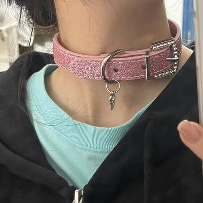 Glitter Pink Heart Choker Necklace