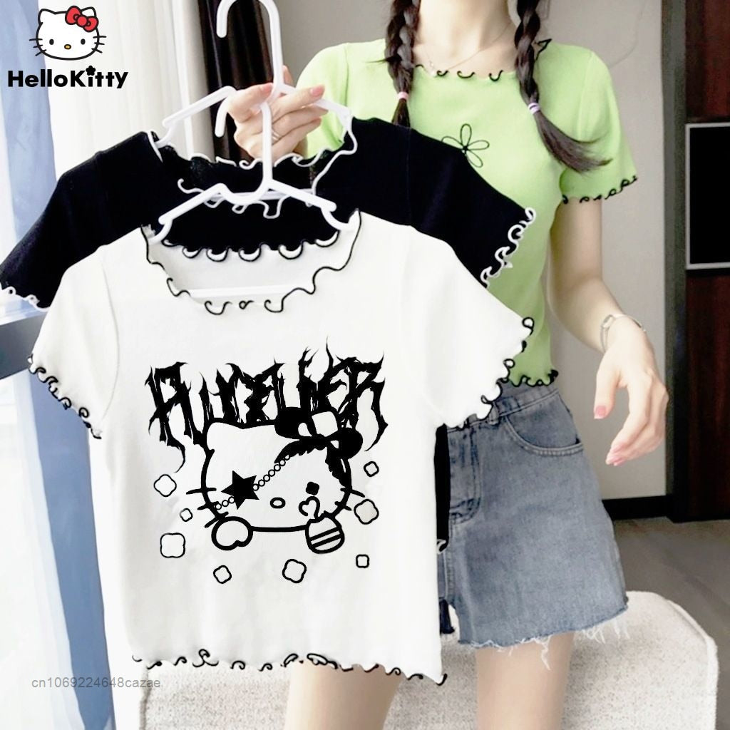 Sanriocore Aesthetic Goth Metal Kitty Crop Top Emo Girls Clothes