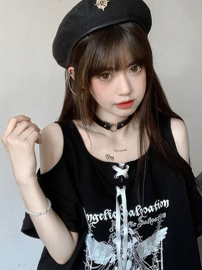 Egirl Dark Grunge Anime Off Shoulder Black T-Shirt