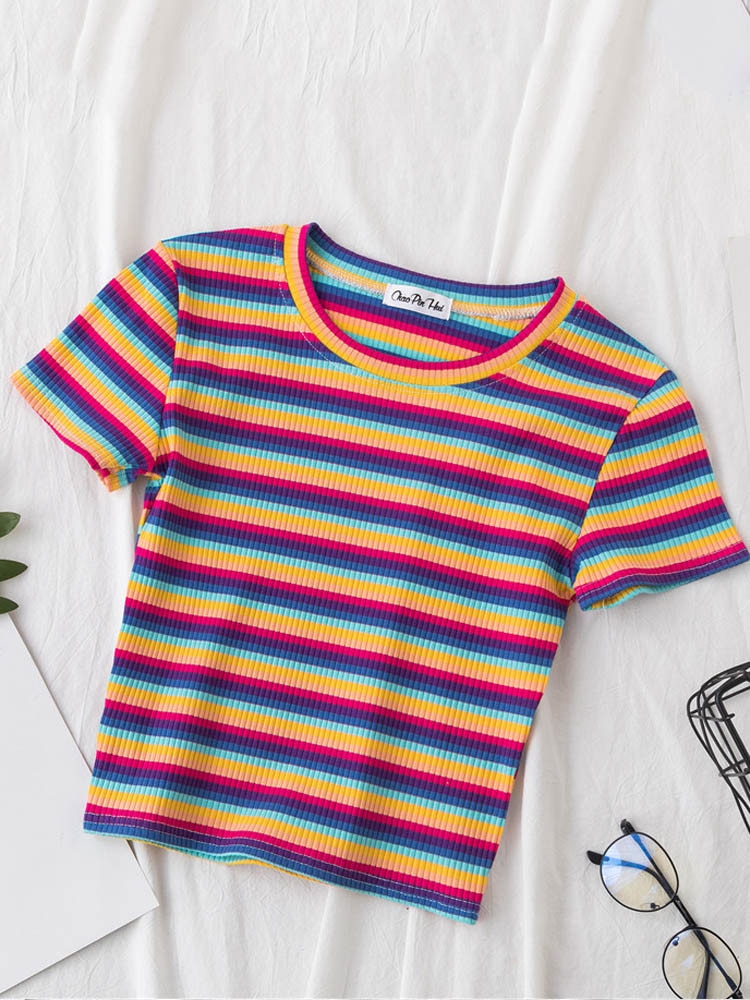 Striped Crop T-Shirt Bright Rainbow