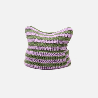 90s Grunge Cat Ears Striped Knitted Beanie