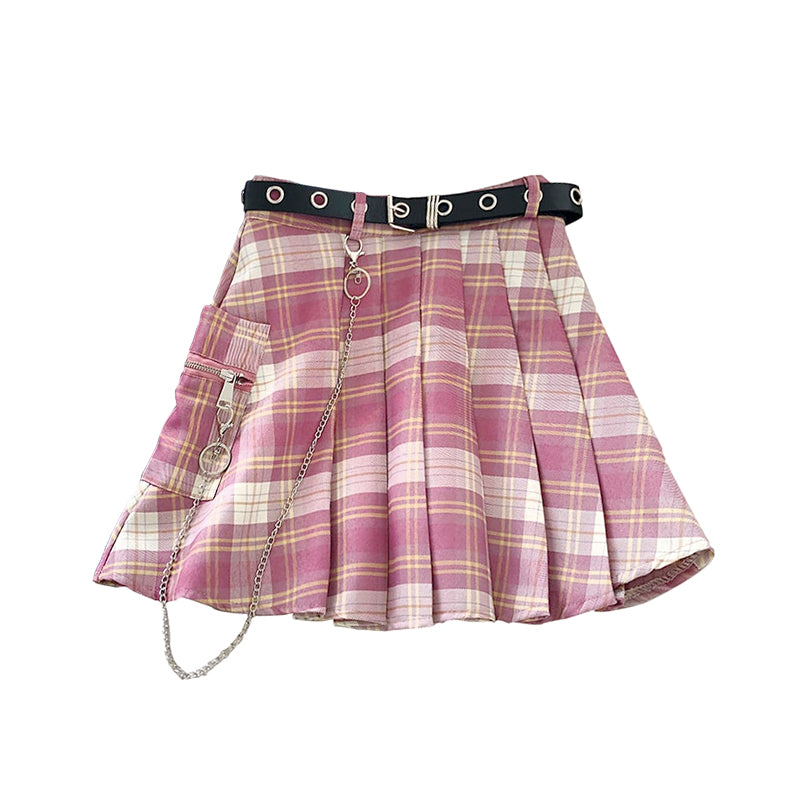 Pink Plaid Pleated Skirt with Belt