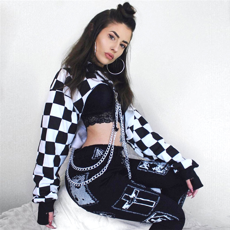 E Girl Checker Hoodie Crop Top Punk Rock Alt Girl Aesthetic Y2K