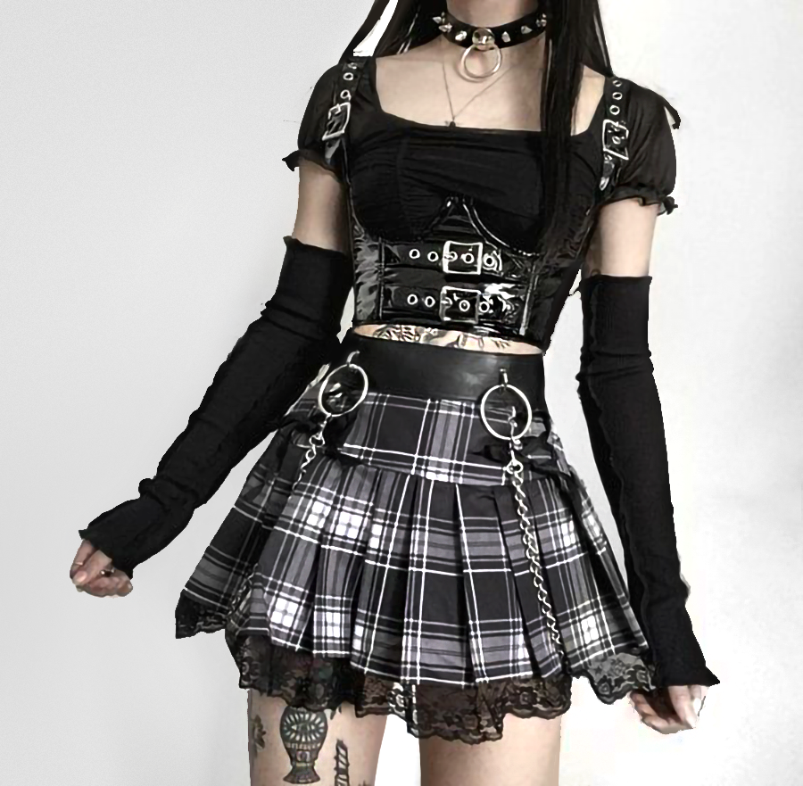 Aesthetic Clothes - Black and White Plaid Pleated Plaid Skirt  