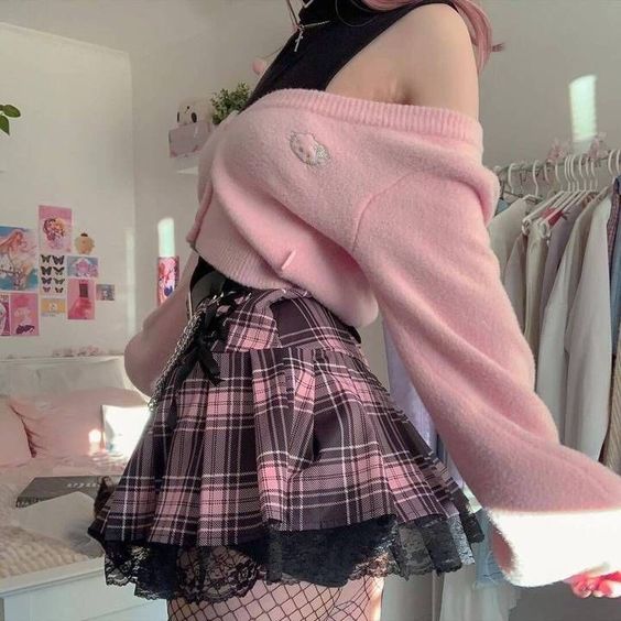 Goth Egirl Pink Plaid Mini Skirt Lace Trim Most Popular Aesthetic