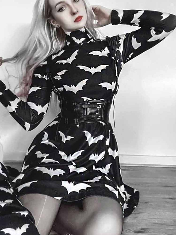 Aesthetic Clothes Wednesday Goth Gothic Girl Black Bat Pattern Dress ...