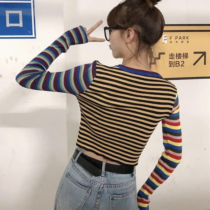 Striped Knitted Long Sleeves Top