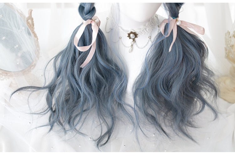 Cosplay E Girl Wig Dusty Blue Wavy Anime Girl Aesthetic Long Hair