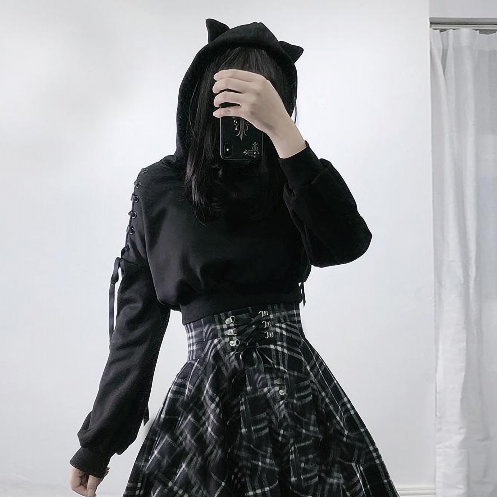 Goth Lace Up Sleeves Demon Hoodie Crop Top Aesthetics Boutique