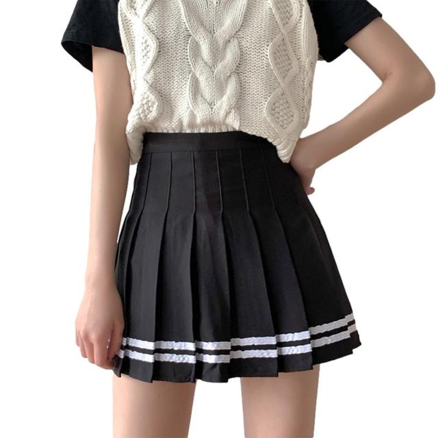 Striped Pleated Tennis Skirt-Black
