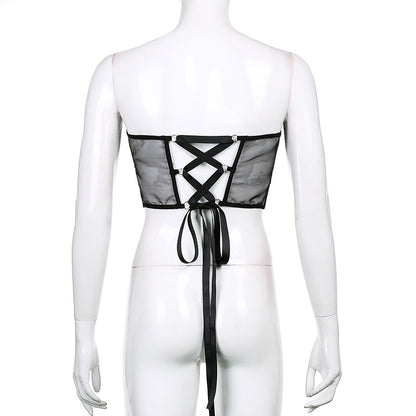 Gothic Mesh Corset with Chains- Black