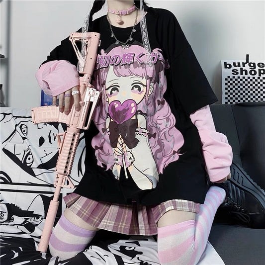 E-Girl Pink Anime Girl Tee - Black