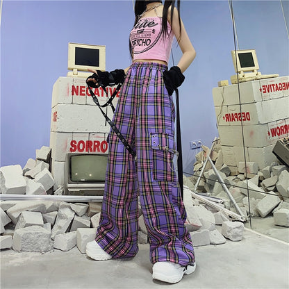 Y2K Egirl Punk Cargo Pants Purple Plaid