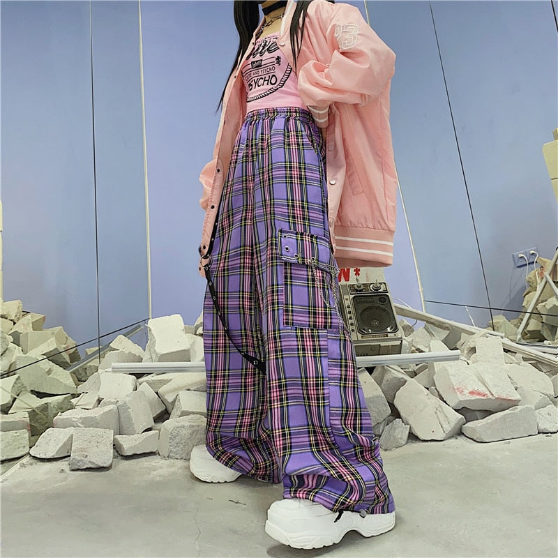 Y2K Egirl Punk Cargo Pants Purple Plaid