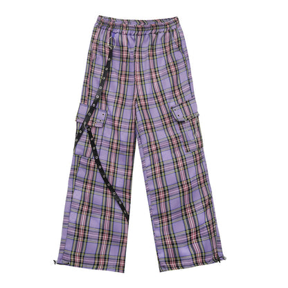 Y2K Egirl Punk Cargo Pants Purple Plaid