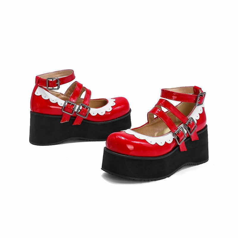 Sweet Goth Mary Jane Shoes White Trim - Red