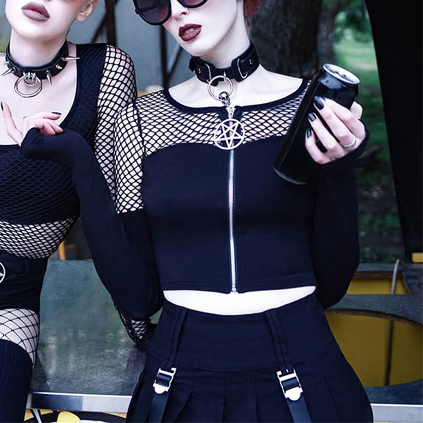 Gothic Pentagram Zipper Mesh Tee