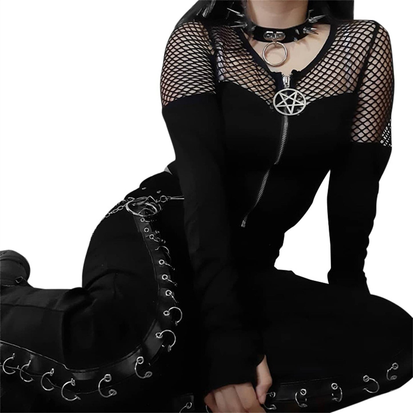 Gothic Pentagram Zipper Mesh Tee