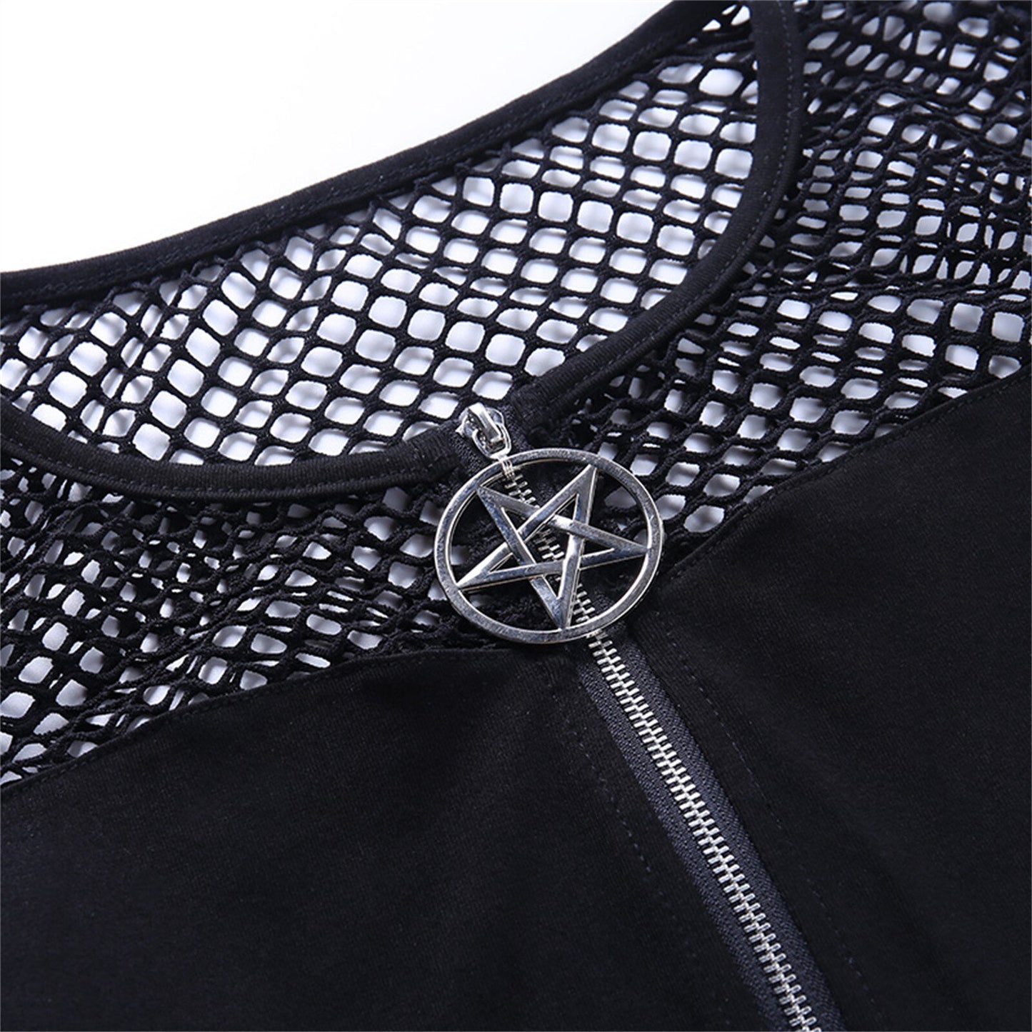 Gothic Pentagram Zipper Mesh Tee